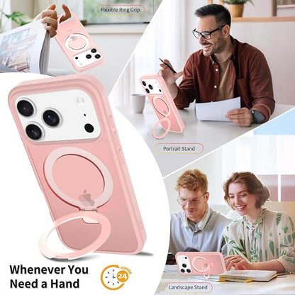 Ultra-Magnetic Stand for iPhone 17 Pro Case [Military Drop Protection] [Compatible with MagSafe] Shockproof Translucent Matte Slim Ring Holder Case for iPhone 17 Pro (Pink)