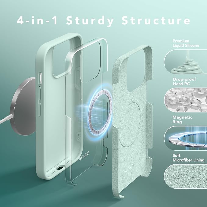 GONEZ for iPhone 14 Pro Case, Compatible with Magsafe, with Screen Protector + Camera Lens Protector, Soft Anti-Scratch Microfiber Lining, Shockproof Liquid Silicone Phone Cover, Mint Green