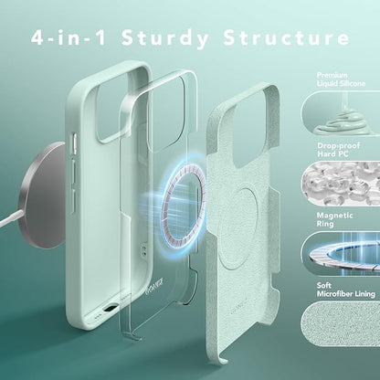 GONEZ for iPhone 14 Pro Case, Compatible with Magsafe, with Screen Protector + Camera Lens Protector, Soft Anti-Scratch Microfiber Lining, Shockproof Liquid Silicone Phone Cover, Mint Green