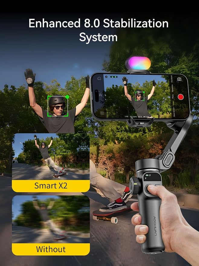 AOCHUAN Gimbal Stabilizer for iPhone, Phone Gimbal w/RGB Magnetic Fill Light, Foldable Gimbal Built in 7.8' Extension Rod and OLED Display for iPhone/Android Excellent for Vlogging-Smart X2 Kit Black