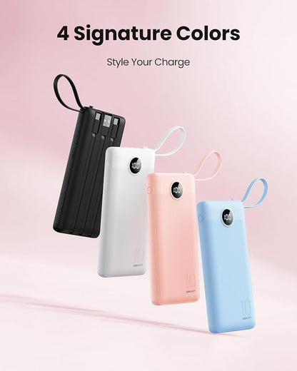 Portable Phone Charger, Slim 10000mAh Travel Essentials Power Bank with Cords Wires, Battery Pack 5 Outputs 2 Inputs LED Display Compatible with iPhone/Android & More (Pink)