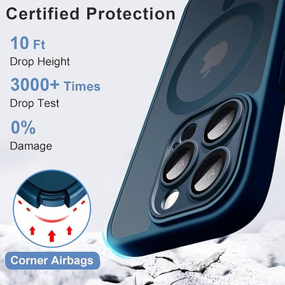 ROYBENS for iPhone 14 Pro-Max Matte Clear Case Compatible with Magsafe, Full Camera Lens Protection, Screen Protector, Wrist Strap, Translucent Magnetic Slim Hard Protective Phone Cover, Navy Blue
