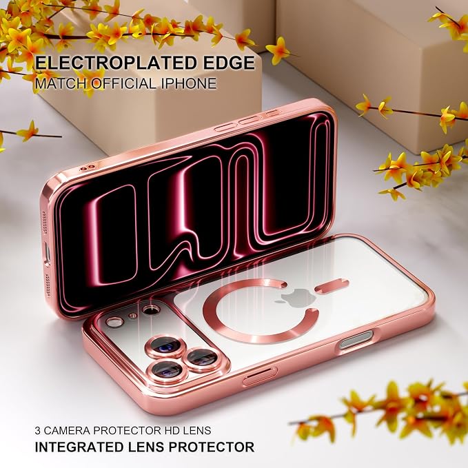 Misea Magnetic for iPhone 17 Pro Max Case Compatible with MagSafe [Never Yellowing] [Military Grade Drop Protection] Full Camera Lens Protector Plating Soft Clear Phone Case for Women, Pink