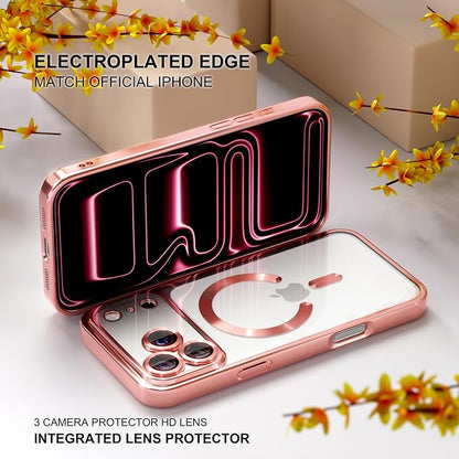 Misea Magnetic for iPhone 17 Pro Max Case Compatible with MagSafe [Never Yellowing] [Military Grade Drop Protection] Full Camera Lens Protector Plating Soft Clear Phone Case for Women, Pink