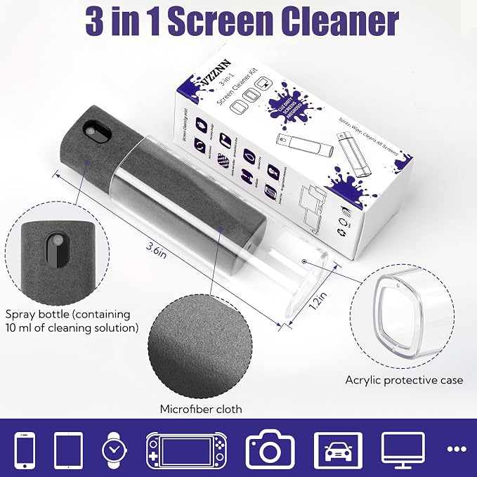 50 Pack Screen Cleaner 3-in-1 Screen Cleaner Spray and Wipe Built-in Cleaning Solution Touchscreen Mist Cleaner for All Car Screen Phone Laptop iPad TV Monitor,Gray