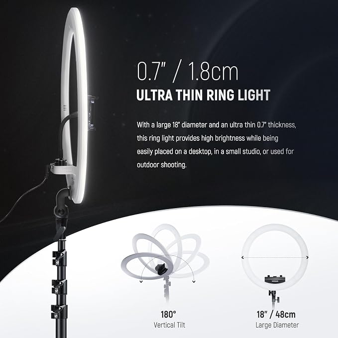 NEEWER 18 inch Ring Light with Tripod Stand and Phone Holder, Ultra Thin Video Ringlight 2900K-7000K TLCI98 App Control, Softer Lighting for Lash Tattoo Makeup Live Stream TikTok, RP18B Pro White
