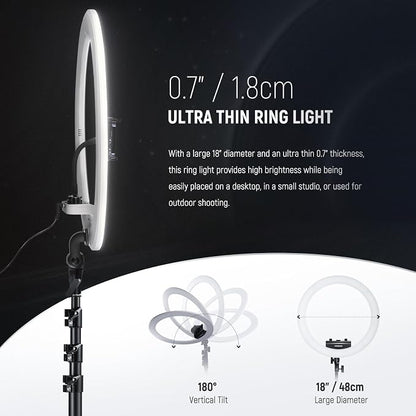 NEEWER 18 inch Ring Light with Tripod Stand and Phone Holder, Ultra Thin Video Ringlight 2900K-7000K TLCI98 App Control, Softer Lighting for Lash Tattoo Makeup Live Stream TikTok, RP18B Pro White