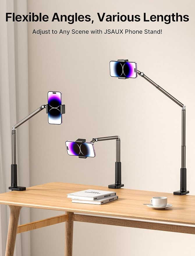 JSAUX Phone Holder for Desk and Bed Compatible with iPhone 17 16 15 14 13 12 Overhead Phone Mount Gooseneck Phone Stand Flexible 360 Lazy Long Arm Clamp Clip for Table Bedside [1-Pack, Black]