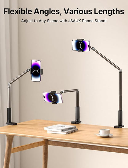 JSAUX Phone Holder for Desk and Bed Compatible with iPhone 17 16 15 14 13 12 Overhead Phone Mount Gooseneck Phone Stand Flexible 360 Lazy Long Arm Clamp Clip for Table Bedside [1-Pack, Black]