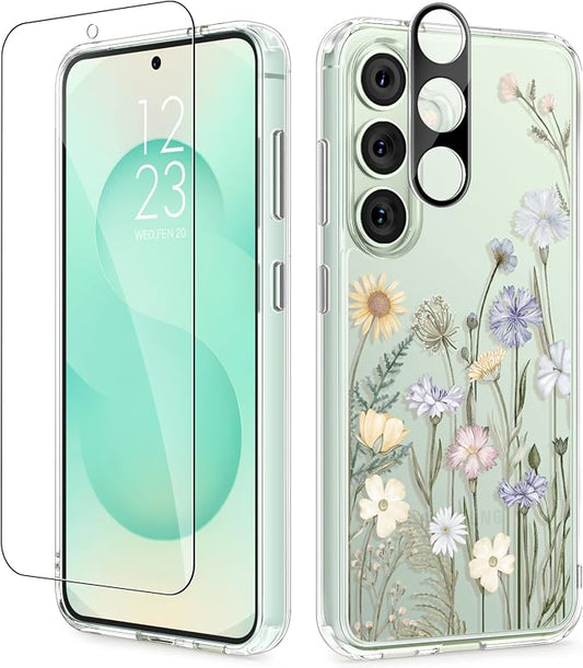 GVIEWIN for Samsung Galaxy S25 Plus Case, Clear Floral Slim Shockproof Protective Women Phone Case, Non-Yellowing, with Screen Protector & Camera Lens Protector for S25 Plus 6.7", Vibrant Spring