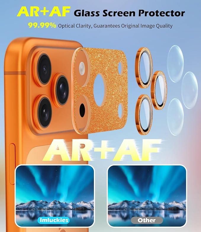 imluckies Compatible with iPhone 17 Pro Camera Lens Protector Bling, Ultra HD Tempered Glass Shiny Diamond Camera Plate Sparkle Screen Protection, 9H Anti-Scratch & Easy Install, Glitter Orange