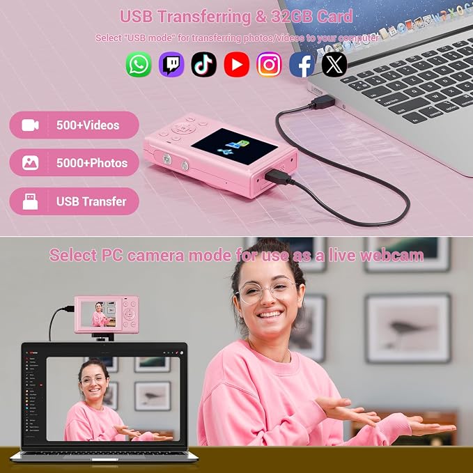 Digital Camera, 4K 44MP Autofocus Point and Shoot Camera with 16X Zoom 2.4" LCD Portable Compact Camera for Kids Teens Boys Girls Adults (Pink)