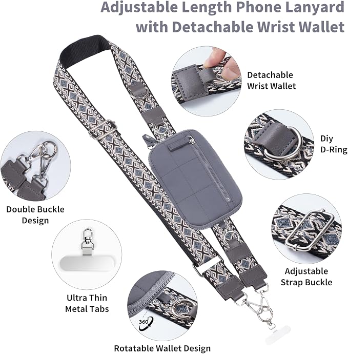 Tiostep Clip and Go Strap for Phone with Wallet Crossbody Phone Lanyard with Anti-Theft Zipper Pouch Detachable Quilted Wrist Wallet with RFID and ID Window for Daily Travel. Grey