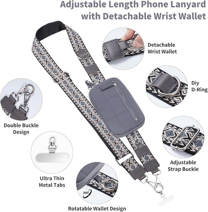 Tiostep Clip and Go Strap for Phone with Wallet Crossbody Phone Lanyard with Anti-Theft Zipper Pouch Detachable Quilted Wrist Wallet with RFID and ID Window for Daily Travel. Grey