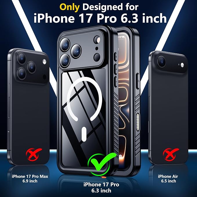 SPIDERCASE Magnetic for iPhone 17 Pro Case Waterproof,Built-in Screen & Camera Lens Protector[IP68 Waterproof] [Military Grade Shockproof] Full Body Protection Cover for iPhone 17 Pro 6.3’’,Black