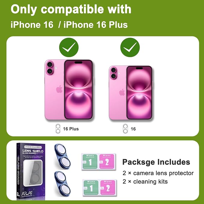 2-Pack Shatterproof Camera Lens Protector for iPhone 16/16 Plus |AR Tempered Glass Strong Adsorption Metal Camera Cover Screen(Azure)