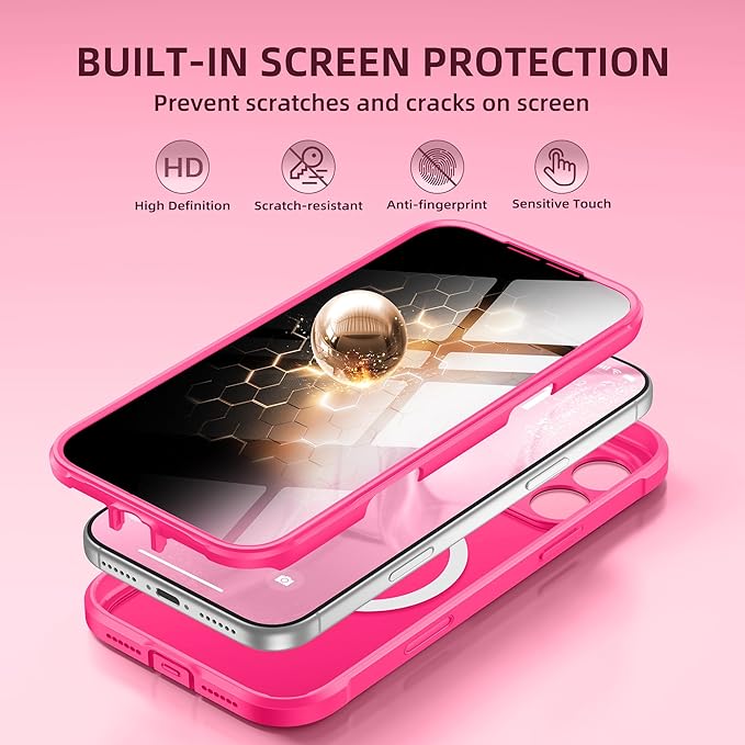 BERFY for iPhone 17 Pro Case, Compatible with MagSafe, Built-in Privacy Screen Protector, Camera Protection, Shockproof Full Body Phone Case 6.3", Translucent Hot Pink