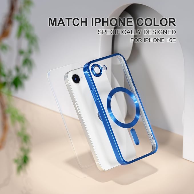 Misea Magnetic for iPhone 17e / 16e Case Compatible with MagSafe [Never Yellowing] [Military Grade Drop Protection] Full Camera Lens Protector Plating Soft Clear Phone Case for Women 6.1", Deep Blue