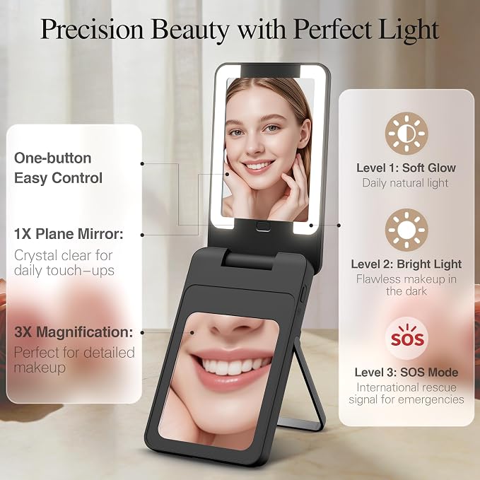 Magnetic Wireless Power Bank 5-in-1, 5000mAh Portable Charger with LED Mirror, Phone Stand, Card Holder & Bluetooth Remote, 20W Fast Charging for iPhone & Android, Travel Essential for Women