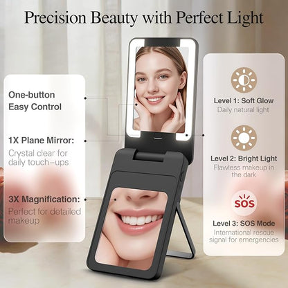 Magnetic Wireless Power Bank 5-in-1, 5000mAh Portable Charger with LED Mirror, Phone Stand, Card Holder & Bluetooth Remote, 20W Fast Charging for iPhone & Android, Travel Essential for Women