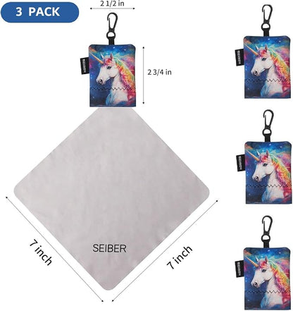 SEIBER Eyeglass Cleaning Microfiber Cloth,7 x 7 inch Glasses Cloth for Sunglasses,Laptops, Cameras,Screen- with Neoprene Pouch,Self-Closing Bottom(3PCS,unicornP)