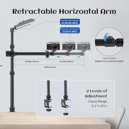 Ailight Overhead Camera Mount Desk Stand, 15.75"-33.45" Webcam Mount with 2-Section Adjustable Telescopic Boom Arm, C Clamp/Swiveling Ball Head for DSLR Camera, Phone Clip, Ring Light, Webcam