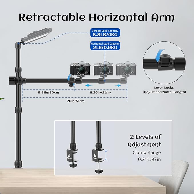 Ailight Camera Desk Mount Stand Overhead, Adjustable Microphone Boom Arm Mic Stand with Phone Holder, Camera Arm Clamp 5/8'' 3/8'' 1/4'' Screws for Shure, Blue Yeti, Rode, Elgato, Fifine, HyperX