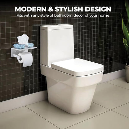 Homely Trove Toilet Paper Holder with Phone Shelf - Tissue Roll Holder Bathroom Storage Dispenser - Adhesive Toilet Paper Holder Wall Mount Bathroom Décor - Matte White