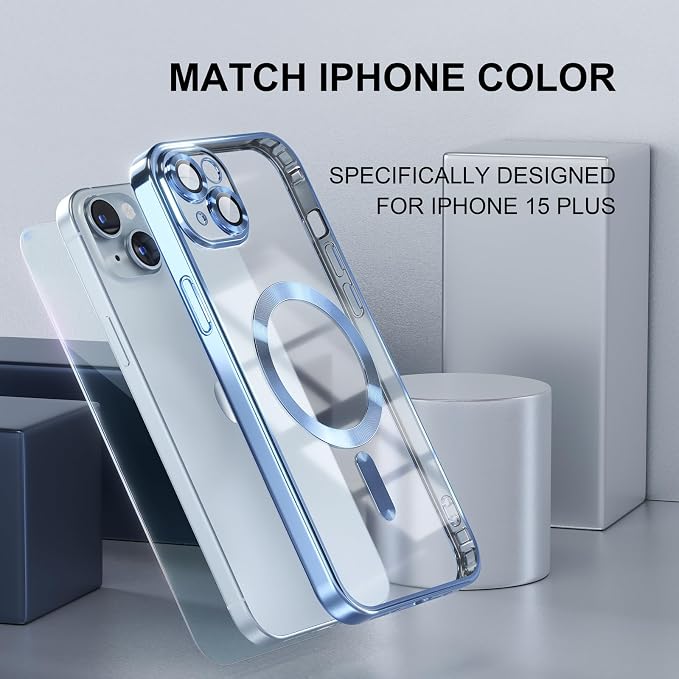 Misea Magnetic for iPhone 15 Plus Case Compatible with MagSafe [Never Yellowing] [Military Grade Drop Protection] Full Camera Lens Protector Plating Soft Clear Phone Case for Women, Sierra Blue