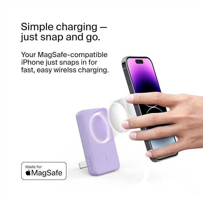 Belkin Portable Charger, Wireless Power Bank 5000 mAh MagSafe Charger 7.5W, Built-in Pop-up Kickstand - iPhone 17, Air, Pro, Pro Max, iPhone 16, AirPods, Apple Watch, Google Pixel 10, etc. - Purple