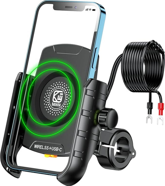 BRCOVAN Motorcycle Phone Mount Holder with Qi 15W Wireless Charger & PD/USB-C 20W Fast Charging Port, Waterproof Cellphone Cradle with Aluminum Alloy Handlebar Mounting Base for 4-8" Smartphone