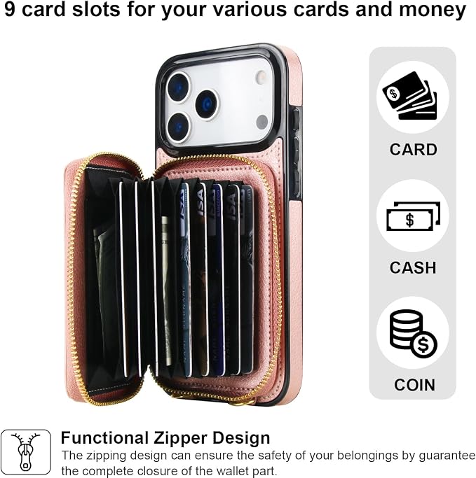 Bocasal Crossbody Wallet Case for iPhone 17 Pro Max, RFID Blocking Leather Purse Case with Card Holder, Protective Handbag Flip Cover with Zipper Wrist Strap Lanyard for Women 5G 6.9 Inch (Rose Gold)