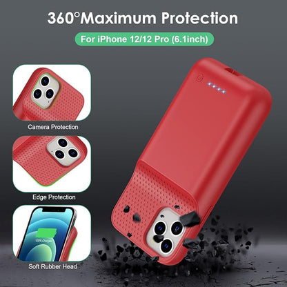 Battery Case for iPhone 12/12 Pro,[2025 Upgraded] 10800mAh Ultra-Slim Portable Extended Charger Case Cover for iPhone 12/12 Pro Charging Case (6.1 Inch)-Red