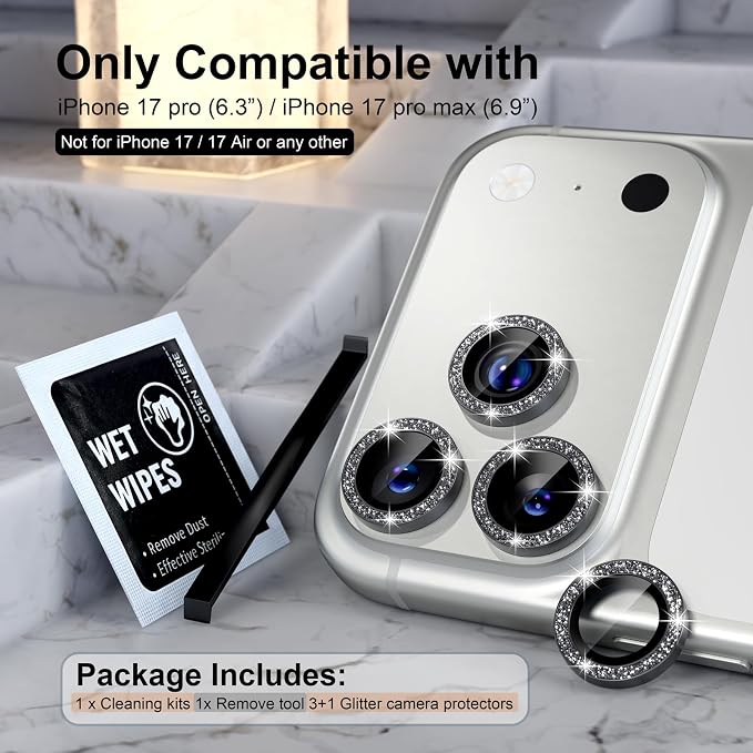 Choiche Compatible for iPhone 17 Pro/iPhone 17 Pro Max Camera Lens Protector Bling, 9H Tempered Glass Camera Cover Screen Protector Metal Ring Decoration Accessories (Glitter-Black)