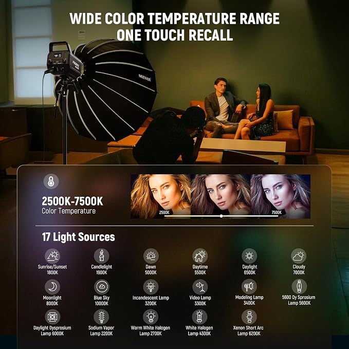 NEEWER 300W RGB LED Video Light APP/2.4G Control, 17 Effects 2500-7500K 36000lx COB Continuous Output Lighting with Cleaning Cloth, CRI95+ Bowens Mount for Studio Photography Video Recording, FS300C