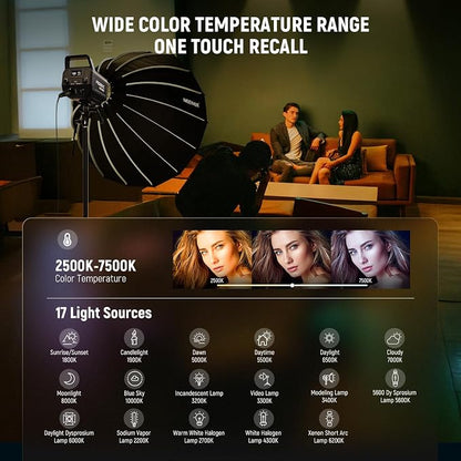 NEEWER 300W RGB LED Video Light APP/2.4G Control, 17 Effects 2500-7500K 36000lx COB Continuous Output Lighting with Cleaning Cloth, CRI95+ Bowens Mount for Studio Photography Video Recording, FS300C