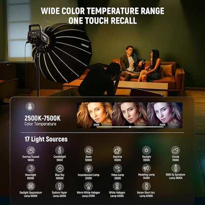NEEWER 300W RGB LED Video Light APP/2.4G Control 17 Effects, 2500-7500K 29000lux/1m COB Continuous Output Lighting, CRI95+/TLCI97+ 4 Dimming Curves Bowens Mount Spotlight for Studio Shoots, FS300C