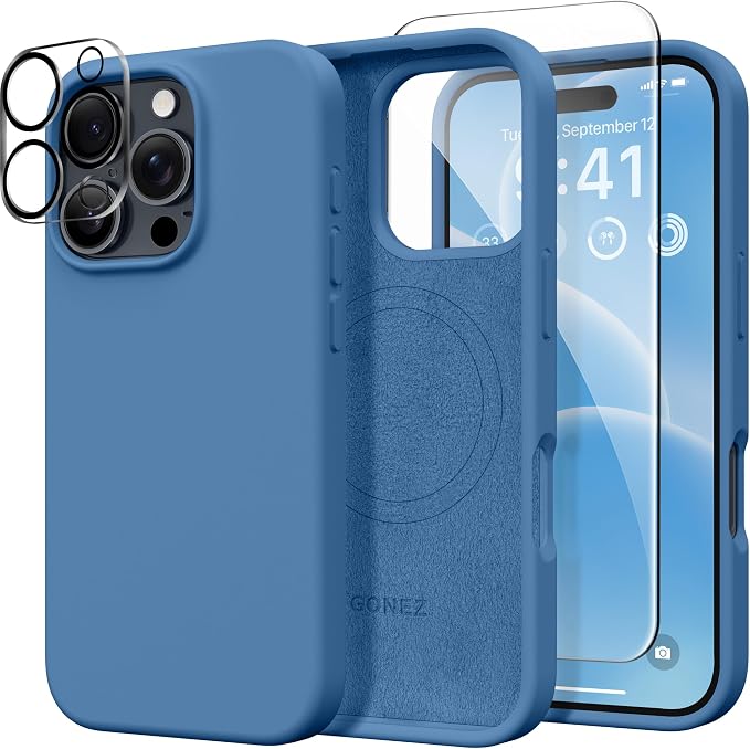 GONEZ Magnetic for iPhone 16 Pro Case, Compatible with MagSafe, [Screen Protector + Camera Lens Protector], Silicone Shockproof Anti-Scratch Protective Phone Case 6.3 inch, Lake Blue