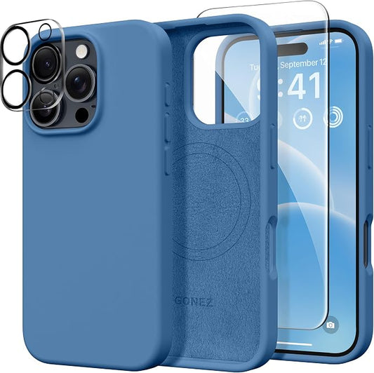 GONEZ Magnetic for iPhone 16 Pro Case, Compatible with MagSafe, [Screen Protector + Camera Lens Protector], Silicone Shockproof Anti-Scratch Protective Phone Case 6.3 inch, Lake Blue