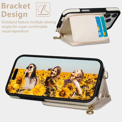 Keallce Case for iPhone 17 Pro 6.3'' Case Wallet, Crossbody Zipper Purse with RFID Blocking Card Slots Kickstand, Lanyard & Handstrap Flip Folio Leather Phone Cover for iPhone 17 Pro, Beige