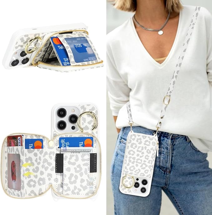 Crossbody Wallet Case for iPhone 14 Pro, PU Leather Zipper Handbag Purse Flip Cover, Kickstand Folio Case with Card Slots Holder Wrist Strap Lanyard 5G 6.1 Inch-White Leopard