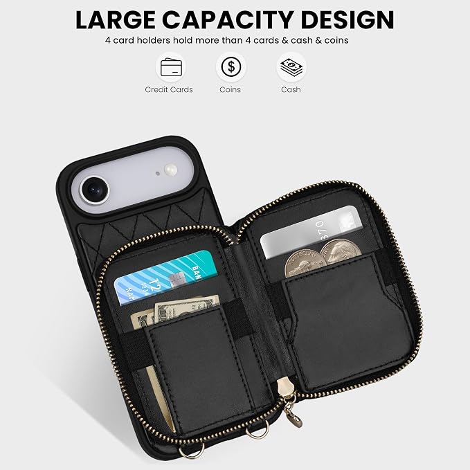 Keallce Case for iPhone Air 6.5'' Wallet Case, Crossbody Zipper Purse with Wrist Strap Lanyard Handbag, RFID Blocking Card Holders, Kickstand Flip Leather Cover for iPhone 17 Air, Black