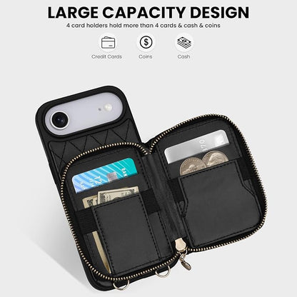 Keallce Case for iPhone Air 6.5'' Wallet Case, Crossbody Zipper Purse with Wrist Strap Lanyard Handbag, RFID Blocking Card Holders, Kickstand Flip Leather Cover for iPhone 17 Air, Black