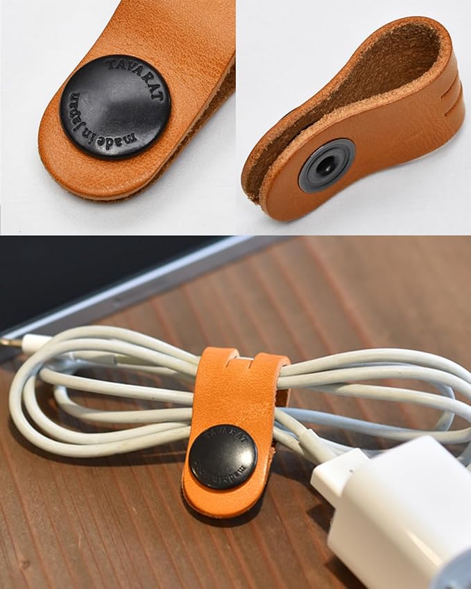 TAVARAT Cord Organizer, Cable Organizer, Charger Organizer, Made in Japan, Genuine Leather, Cable Straps, Cable Management, Cable Holder Tps-059 (Long Size, Green, Set of 3, Pack of 3)