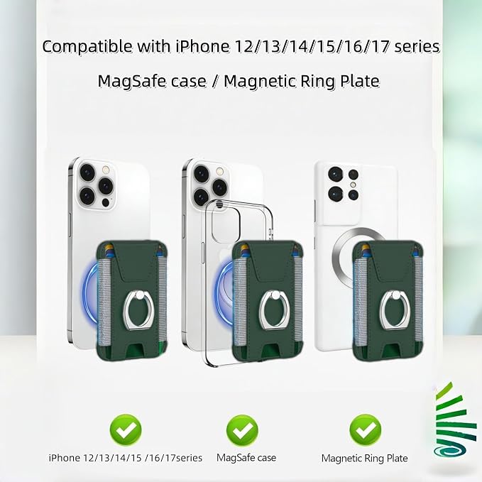 for Magsafe Wallet, Slim Magnetic Card Wallet with Grip, 7 Cards Holder RFID Blocking, Ring Stand Stick on Wallet with Privacy Flap (Green)