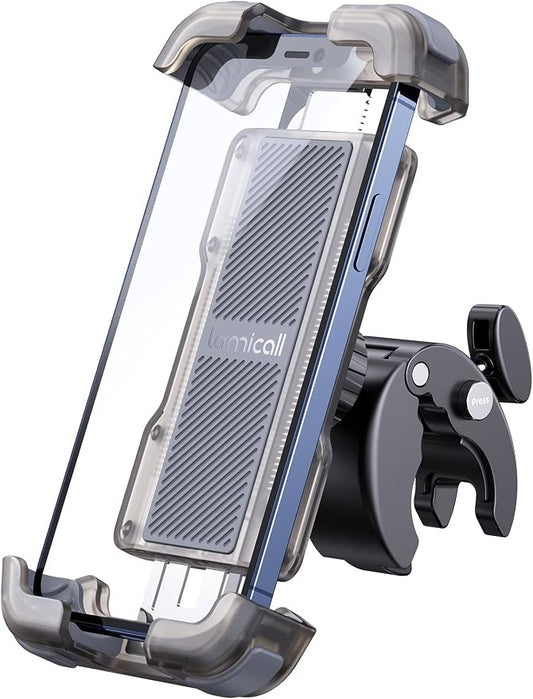Lamicall Motorcycle Phone Mount, Bike Phone Holder - Upgrade Quick Install Handlebar Clip for Bicycle Scooter, Cell Phone Clamp for iPhone 17 16 15 Pro Max, Galaxy, 4.7-6.8" Phones, Transparent Gray