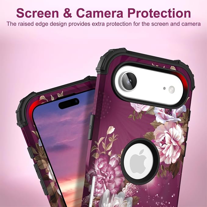 Hocase for iPhone Air Case 6.5", Heavy Duty Shockproof Protection Soft Silicone Rubber+Hard Plastic Bumpers Hybrid Protective Case for iPhone Air 2025 - Royal Purple Flowers