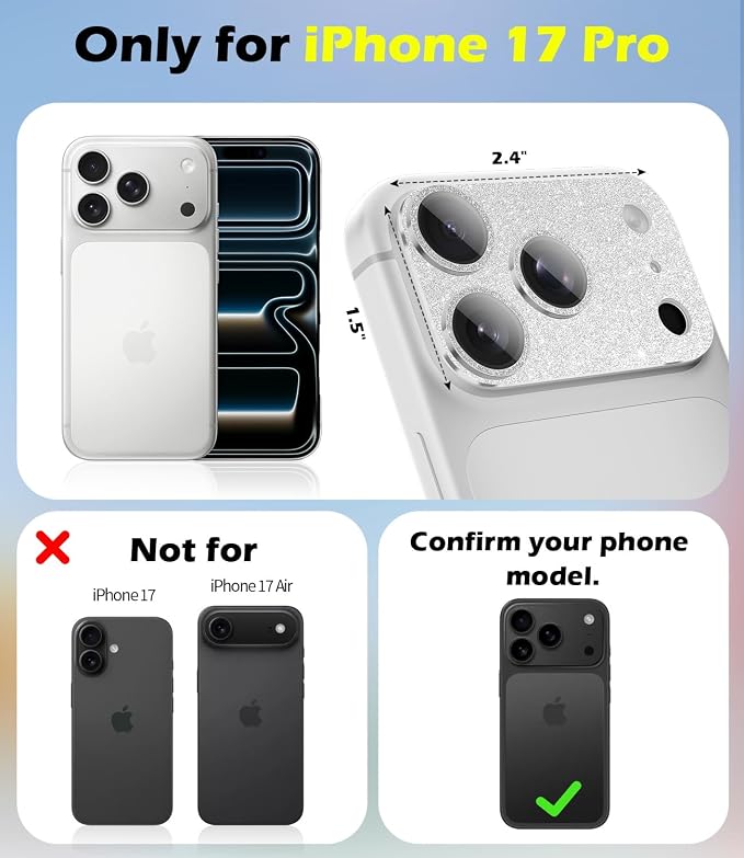 imluckies Compatible with iPhone 17 Pro Camera Lens Protector Bling, Ultra HD Tempered Glass Shiny Diamond Camera Plate Sparkle Screen Protection, 9H Anti-Scratch & Easy Install, Glitter Sliver