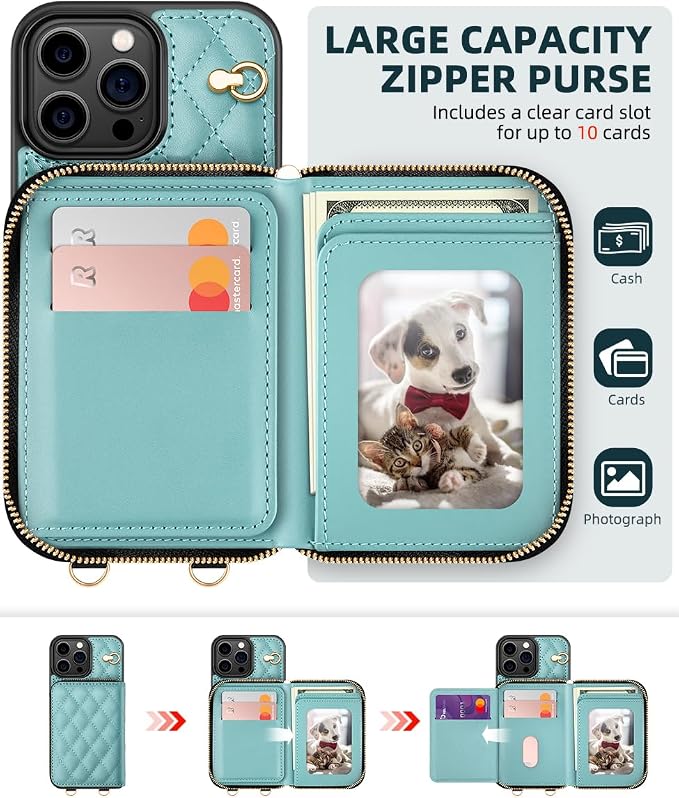 OCASE Compatible with iPhone 16 Pro Max Crossbody Wallet Case with Card Holder, PU Leather Zipper Handbag Phone Purse with RFID Blocking Kickstand Wrist Strap Lanyard 6.9 Inch, Diamond Check Green