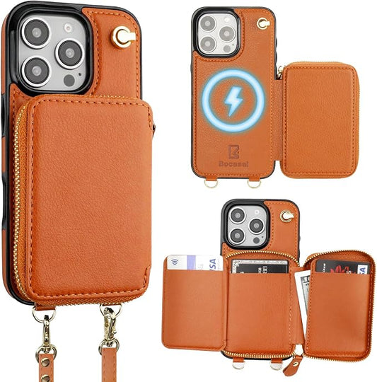 Bocasal for MagSafe Crossbody Wallet Case Compatible with iPhone 16 Pro, RFID Blocking Protective Purse Case with Card Slots Holder Kickstand Wrist Strap Lanyard Zipper 6.3 Inch 5G (Brown)